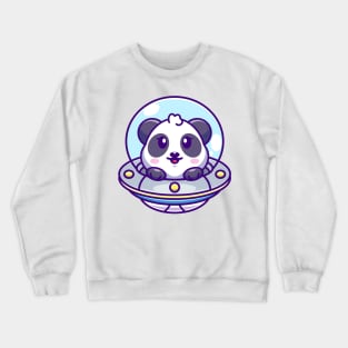 Cute panda flying with spaceship ufo cartoon Crewneck Sweatshirt